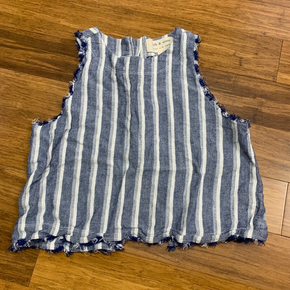 Cloth & Stone Blue White Stripe Raw Hem Sleeveless Button Back Top Womens SizeXS